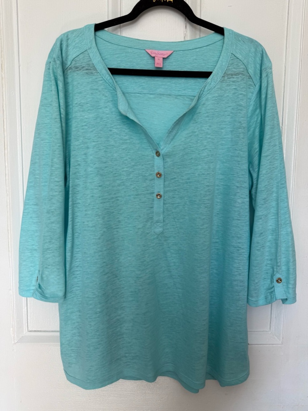 Lilly Pulitzer 100% Linen Split-Neck Henley Top - XL Aqua Teal Blue